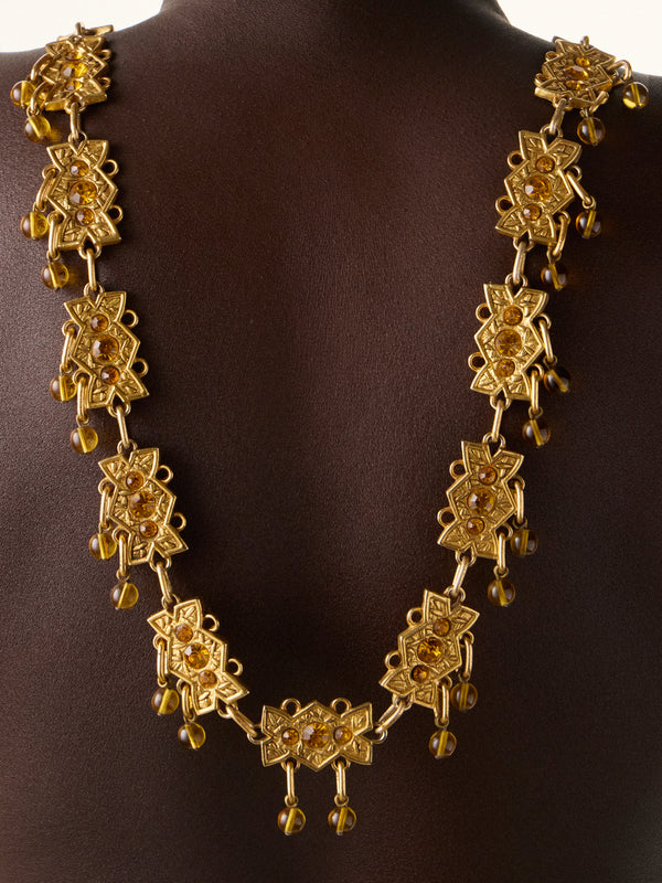 Mahnaz Collection - Women's Vintage 1980 Alexis Lahellec Gilt Metal, Resin and Amber Necklace - Gold - ABASK
