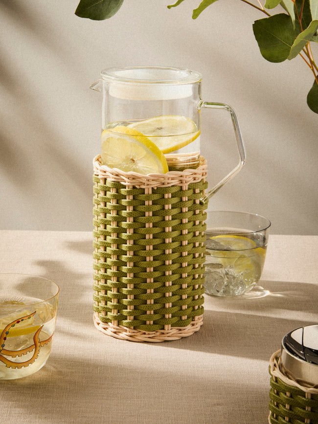 Pigment France - Marseille Leather and Rattan Glass Pitcher (42oz/1.2L) - Green - ABASK