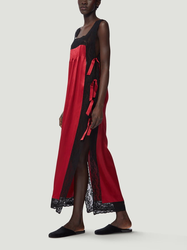 Loretta Caponi - Fiocchini Silk and Lace Long Dress - Red - ABASK