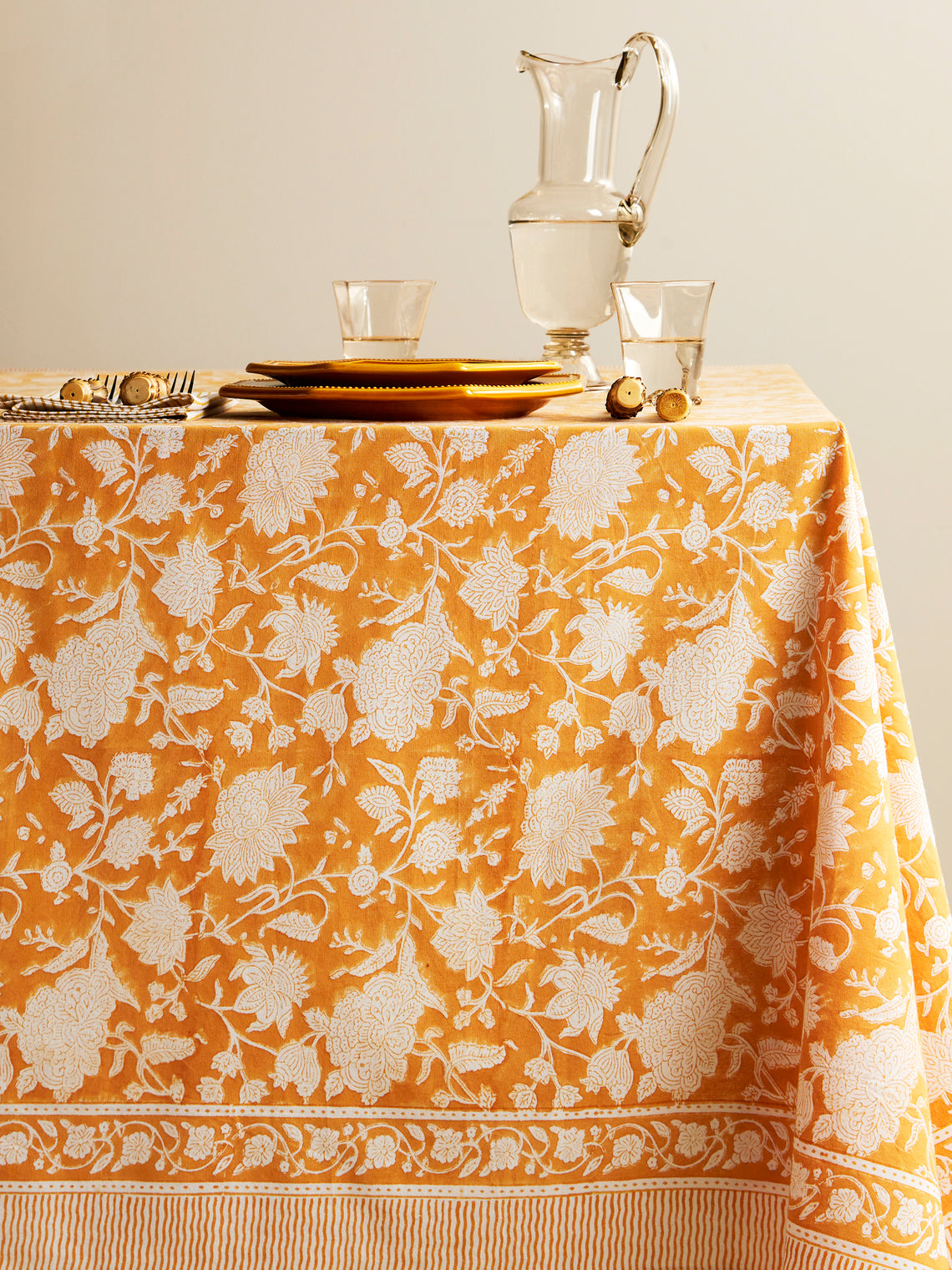 Indian Rose Block-Printed Cotton Rectangular Tablecloth (106.5in/2.7m)