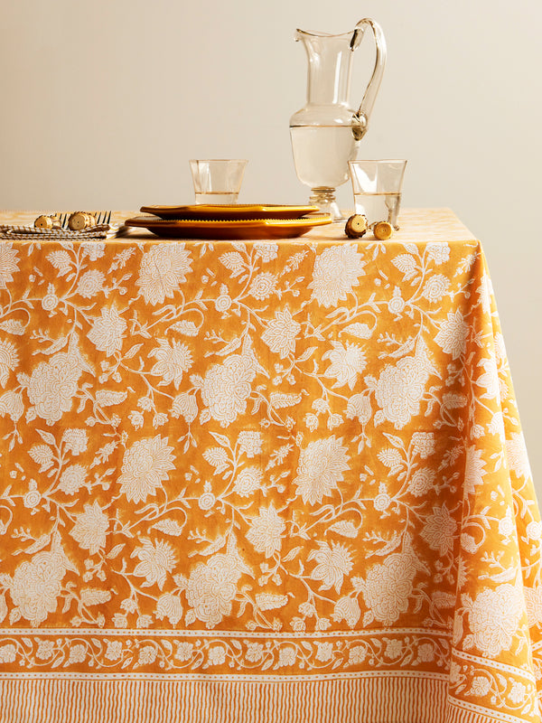 Chamois - Indian Rose Block-Printed Cotton Large Rectangular Tablecloth - Orange - ABASK