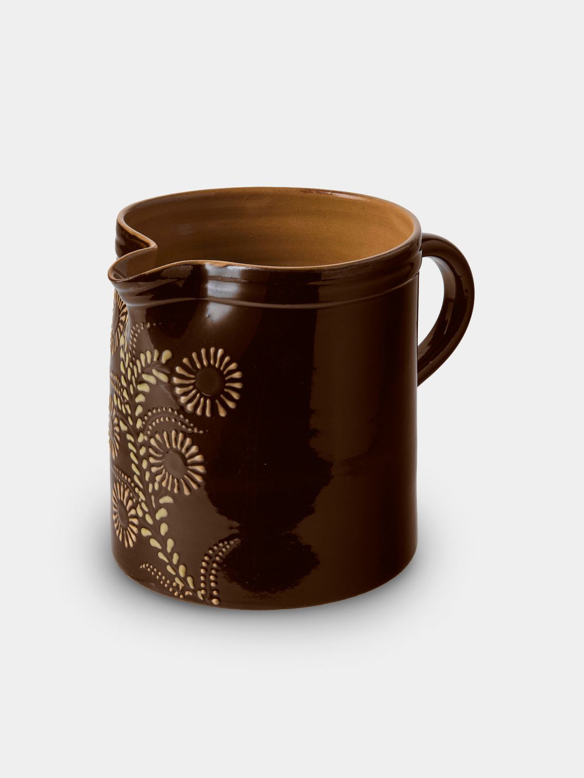 Poterie d’Évires - Flowers Hand-Painted Ceramic Straight-Edge Medium Jug - Dark Brown - ABASK - 