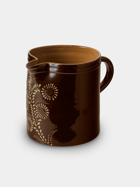 Poterie d’Évires - Flowers Hand-Painted Ceramic Straight-Edge Medium Jug - Dark Brown - ABASK - 