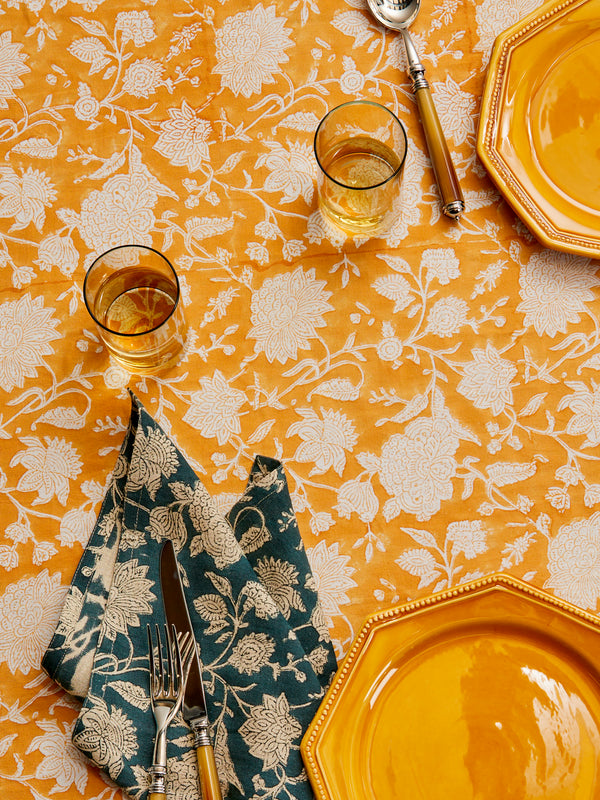 Chamois - Indian Rose Block-Printed Cotton Large Round Tablecloth - Orange - ABASK