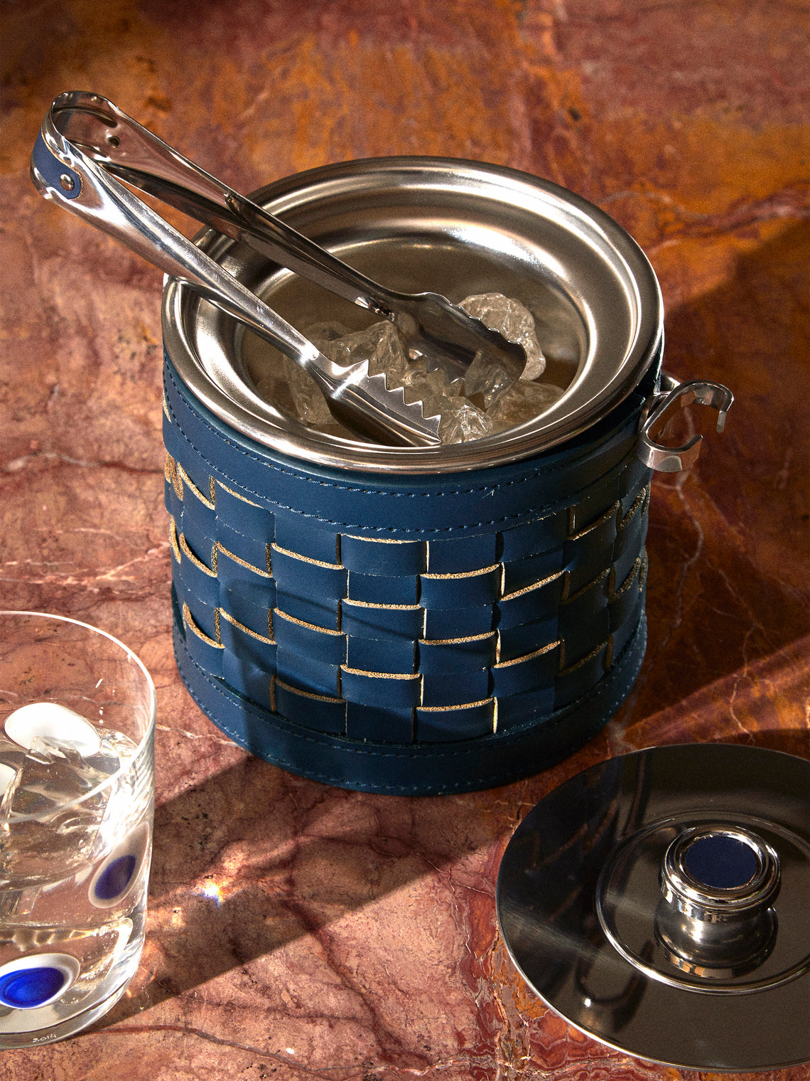 Riviere - Barcelona Water-Resistant Leather Ice Bucket with Tongs - Navy - ABASK