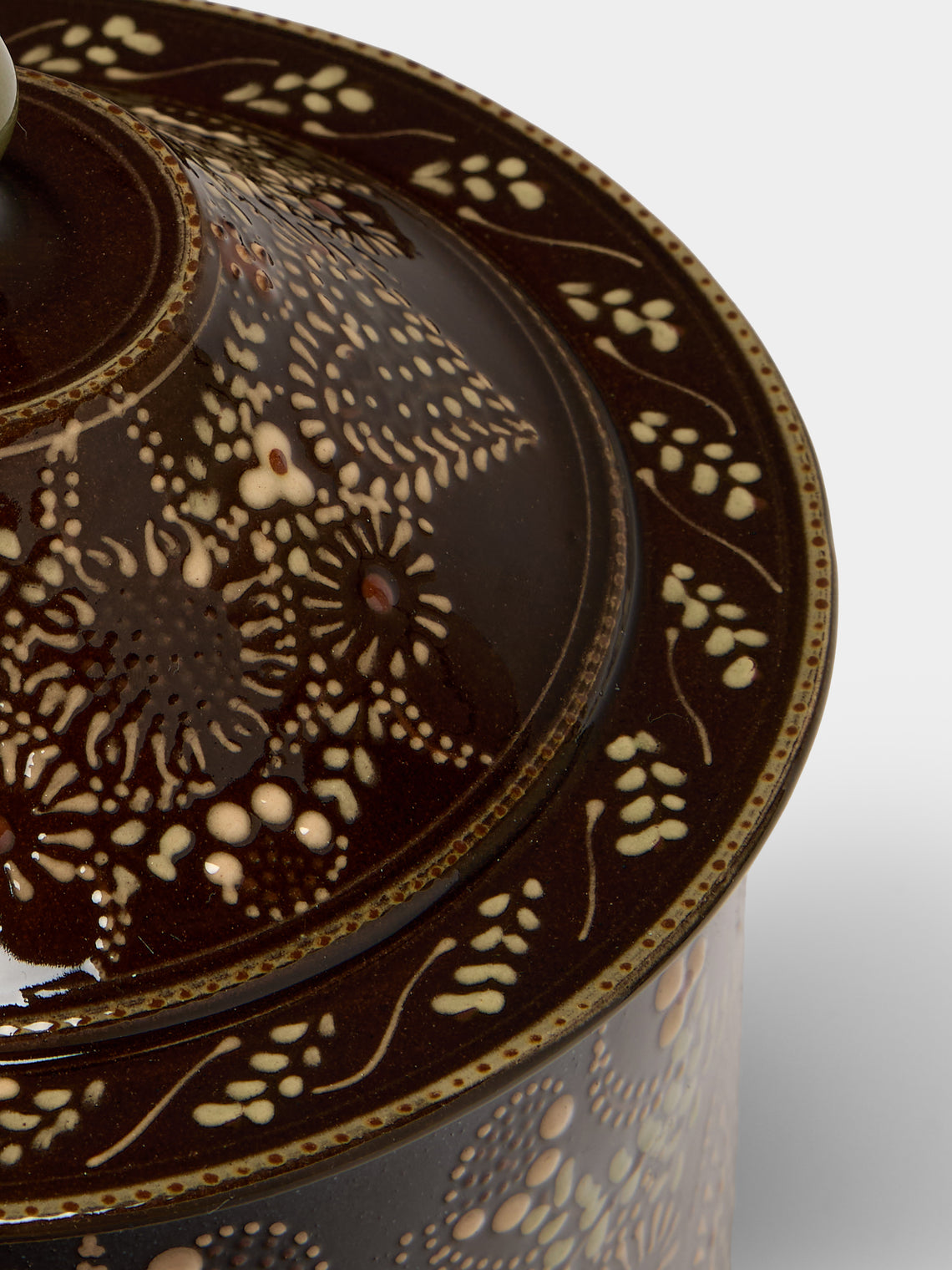 Poterie d’Évires - Flowers Hand-Painted Ceramic Medium Lidded Pot - Dark brown - ABASK