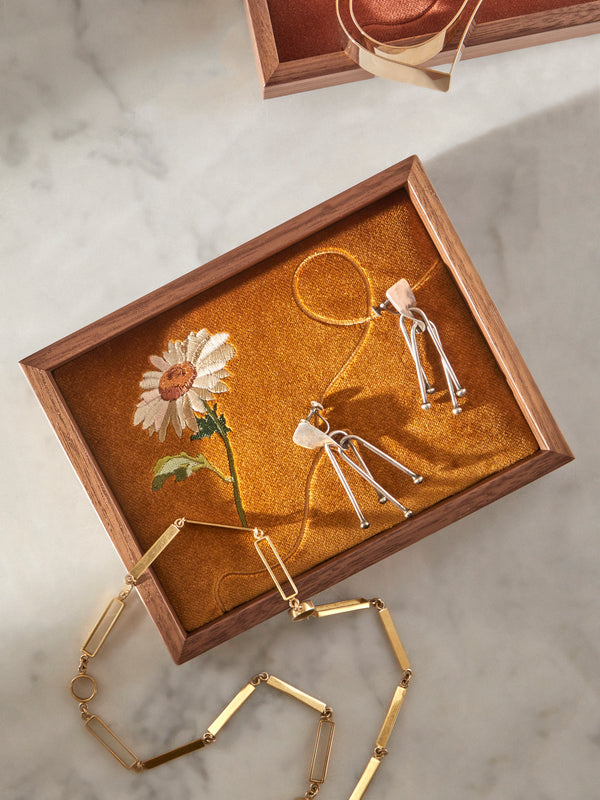 Uncommon Ancestor - Floriography Daisy Embroidered Velvet Jewelry Tray (6.5in/17cm) - Yellow - ABASK