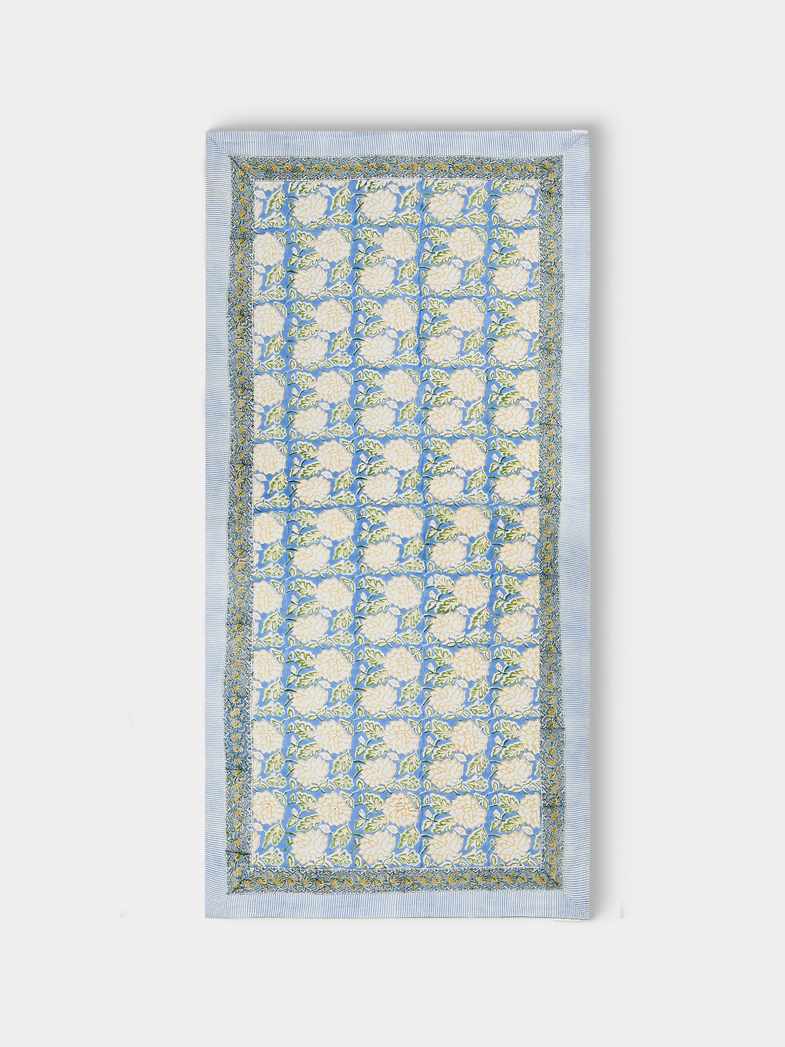Chamois - Dahlia Block-Printed Linen Rectangular Tablecloth (138in/3.5m) - Blue - ABASK - 