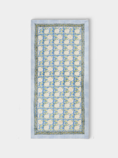 Chamois - Dahlia Block-Printed Linen Rectangular Tablecloth (138in/3.5m) - Blue - ABASK - 