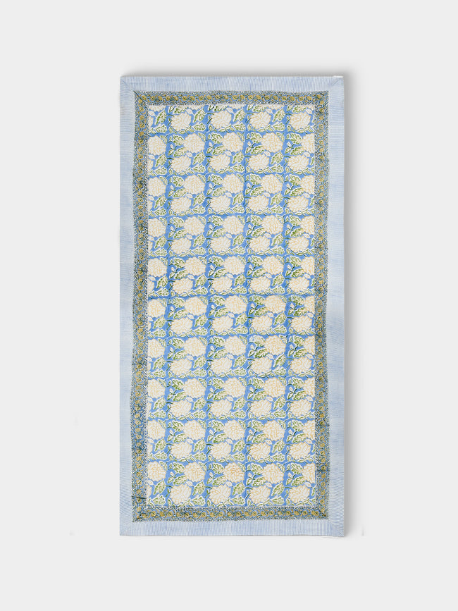 Chamois - Dahlia Block-Printed Linen Rectangular Tablecloth (138in/3.5m) - Blue - ABASK - 