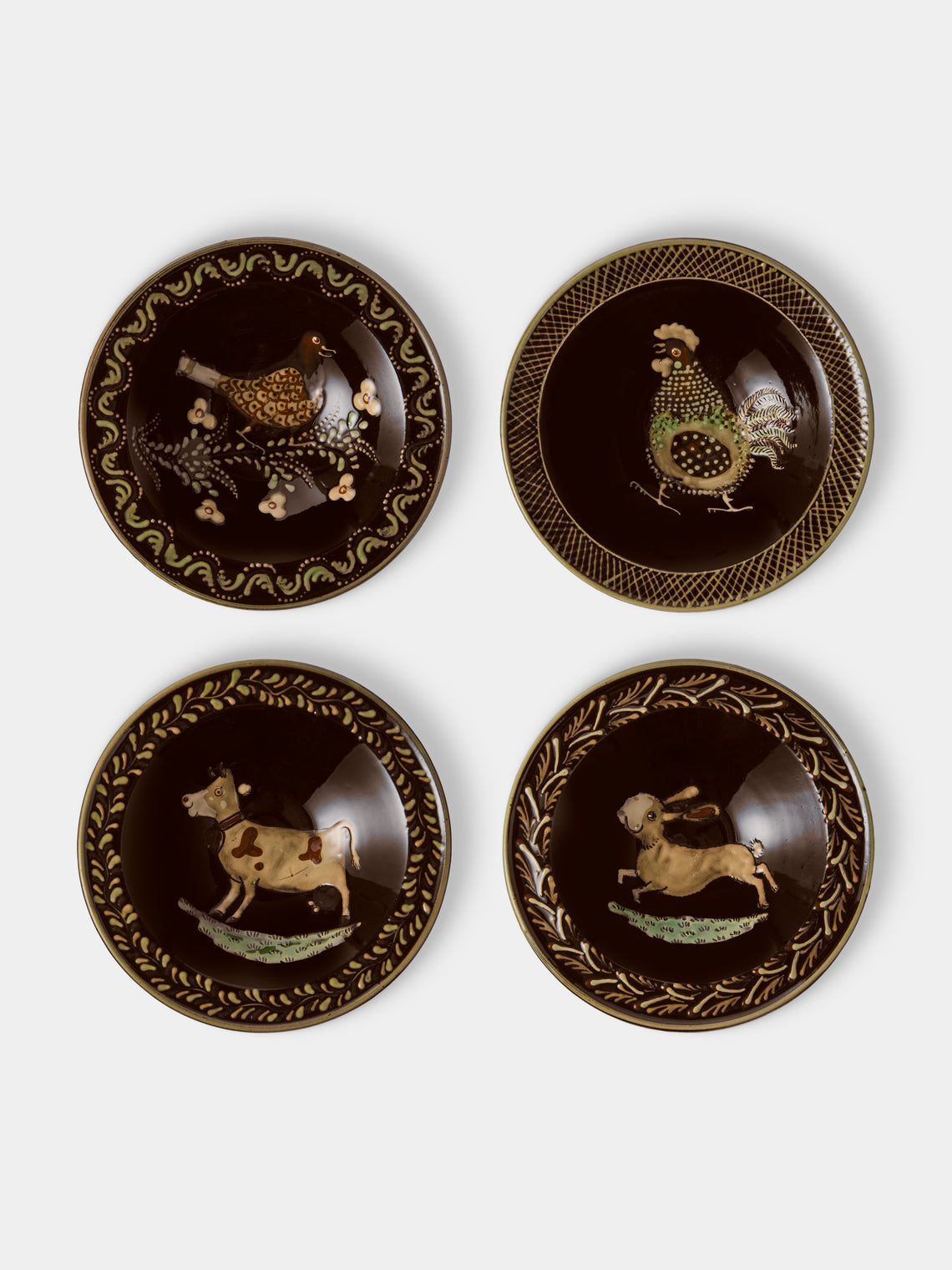 Poterie d’Évires - Animals Hand-Painted Ceramic Breakfast Bowls (Set of 4) - Dark Brown - ABASK - 