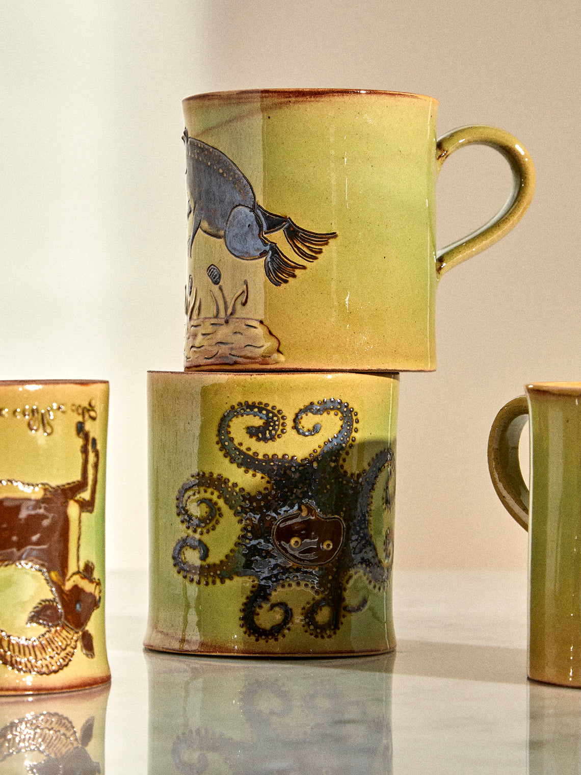 Poterie d’Évires - Animals Hand-Painted Ceramic Mugs (Set of 4) - Green - ABASK