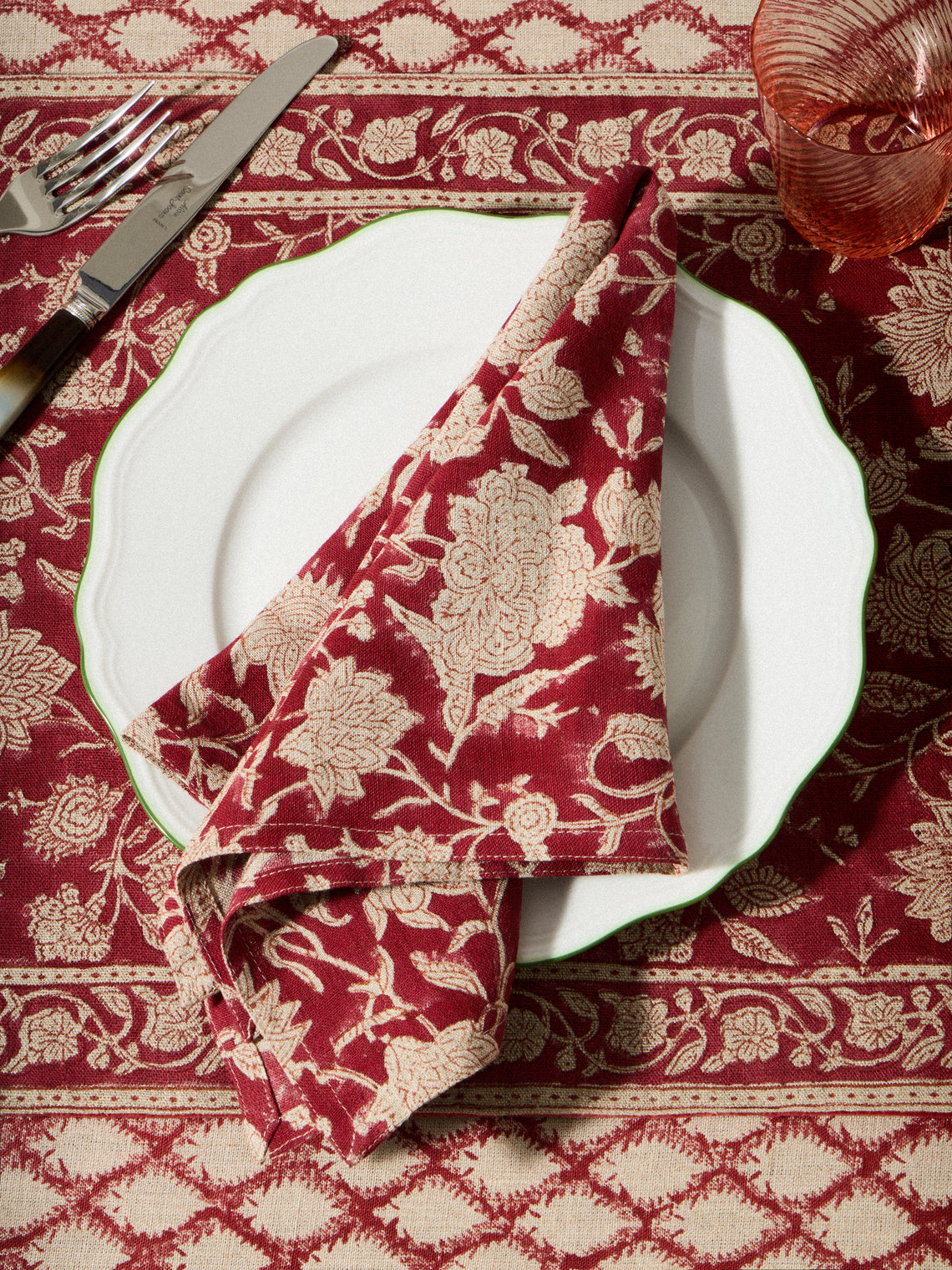 Chamois - | Set of 4 | Indian Rose Block-Printed Linen Napkins - Red - ABASK
