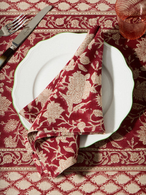 Chamois - | Set of 4 | Indian Rose Block-Printed Linen Napkins - Red - ABASK