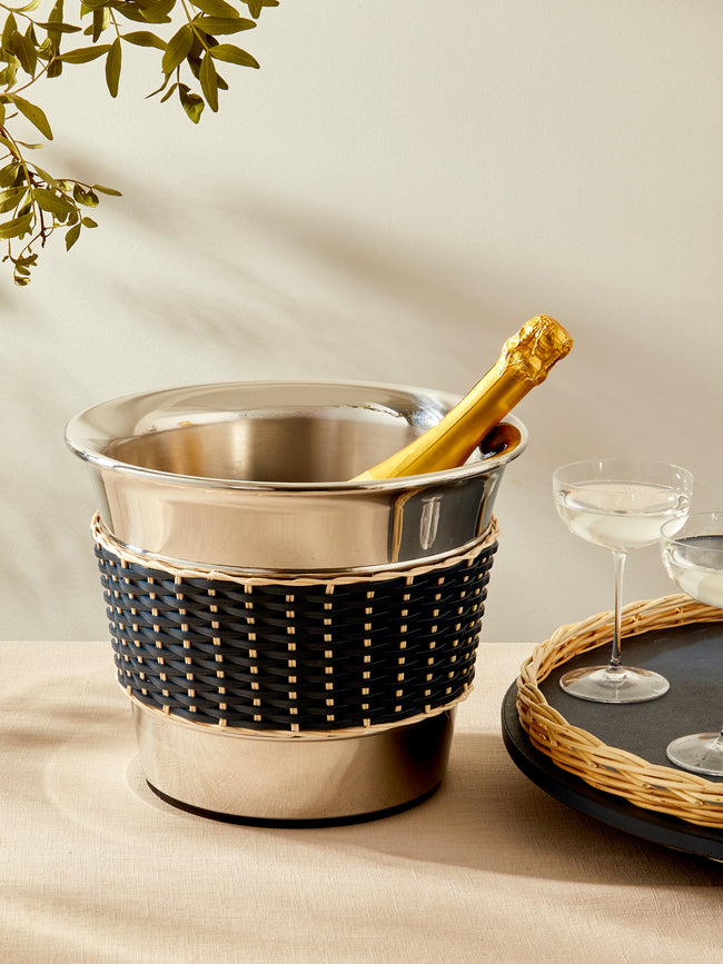 Pigment France - Menton Leather and Rattan 2/3-Bottle Champagne Bucket - Blue - ABASK