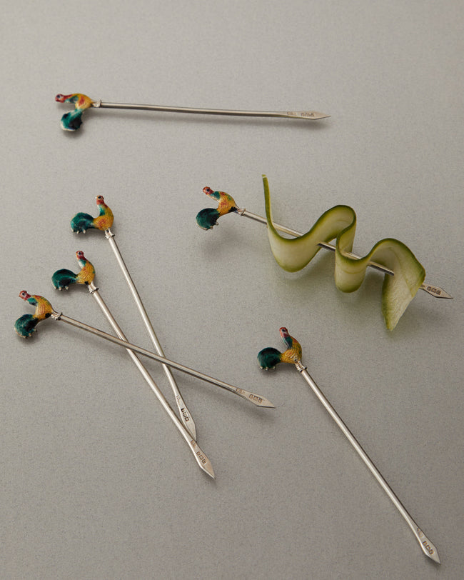 Antique and Vintage - 1927 Cockerel Enamelled Sterling Silver Cocktail Picks (Set of 6) -  - ABASK