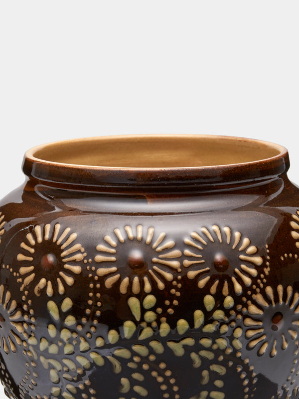 Poterie d’Évires - Flowers Hand-Painted Ceramic Vase (5in/13cm) - Dark brown - ABASK