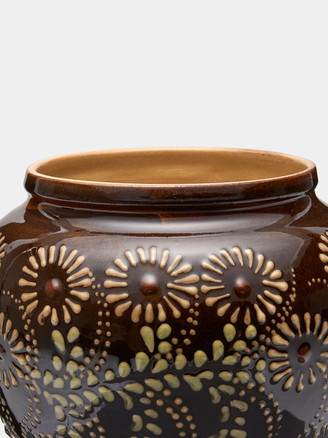 Poterie d’Évires - Flowers Hand-Painted Ceramic Vase (5in/13cm) - Dark brown - ABASK