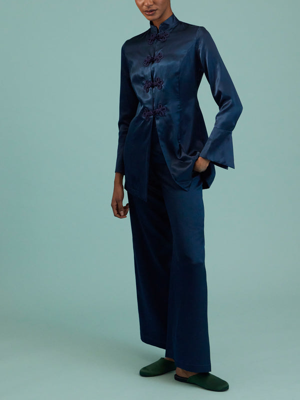 Loretta Caponi - Azalea Silk Pajama Set | Size: S - Navy - ABASK