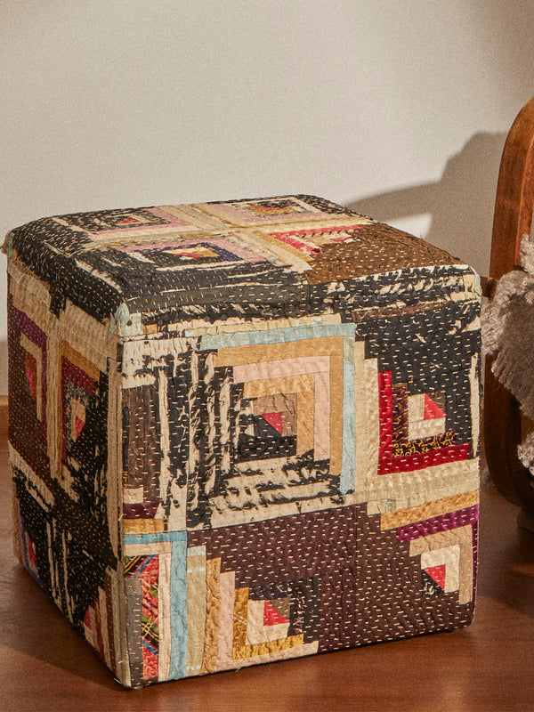 By Walid - Oak and Silk Log Cabin Patchwork Storage Stool - Multiple - ABASK