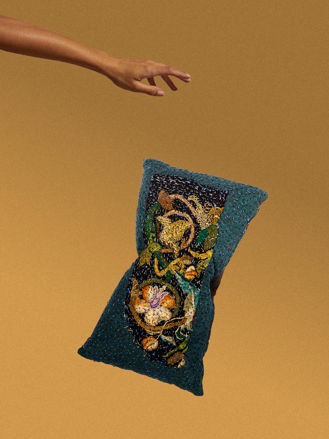 By Walid - 18th-Century English Embroidery Linen and Damask Pillow (19.5in/50cm) - Multiple - ABASK