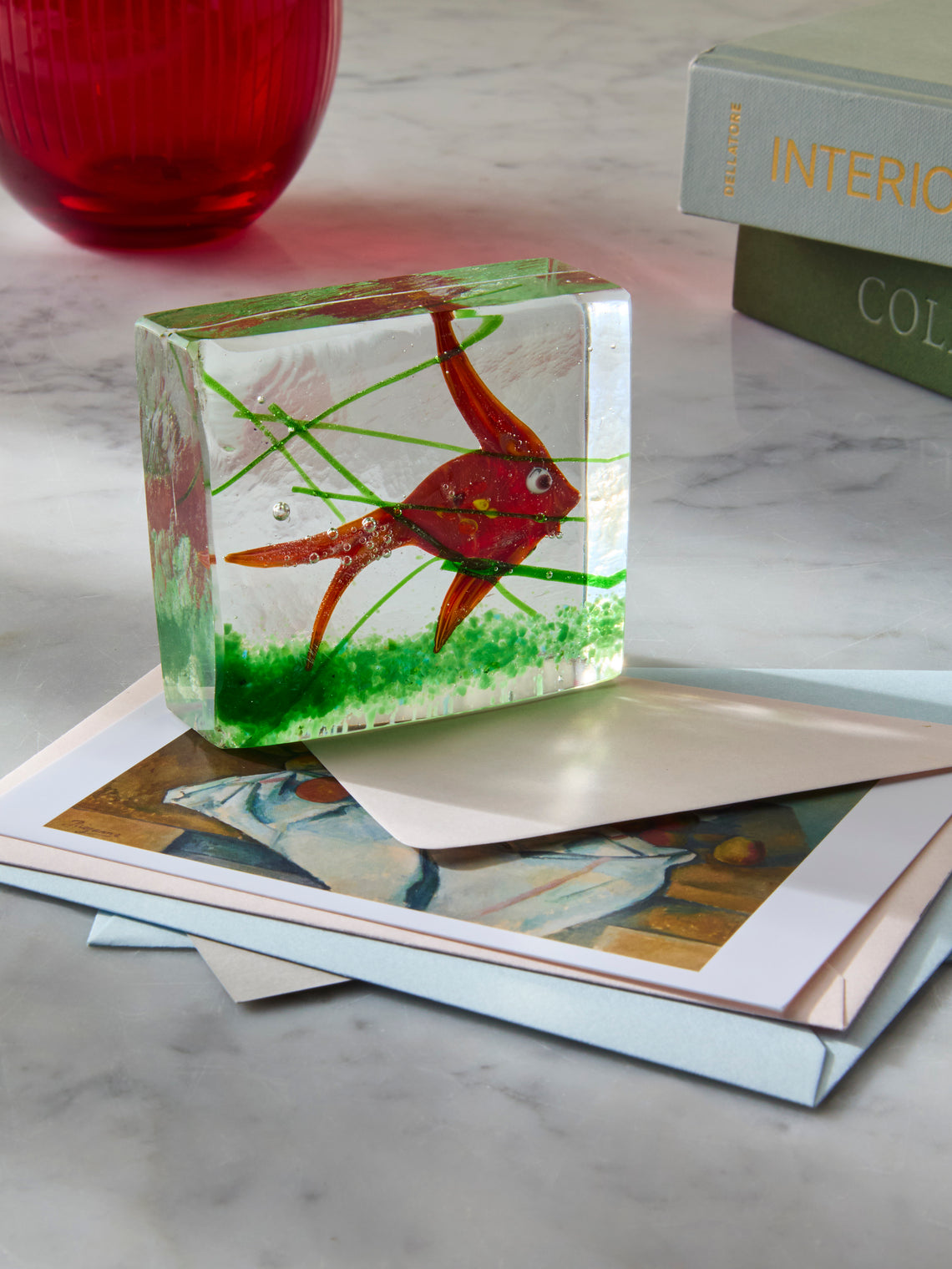 Antique and Vintage - 1960s Alfredo Barbini for Cenedese Fish Murano Glass Paperweight - Red - ABASK