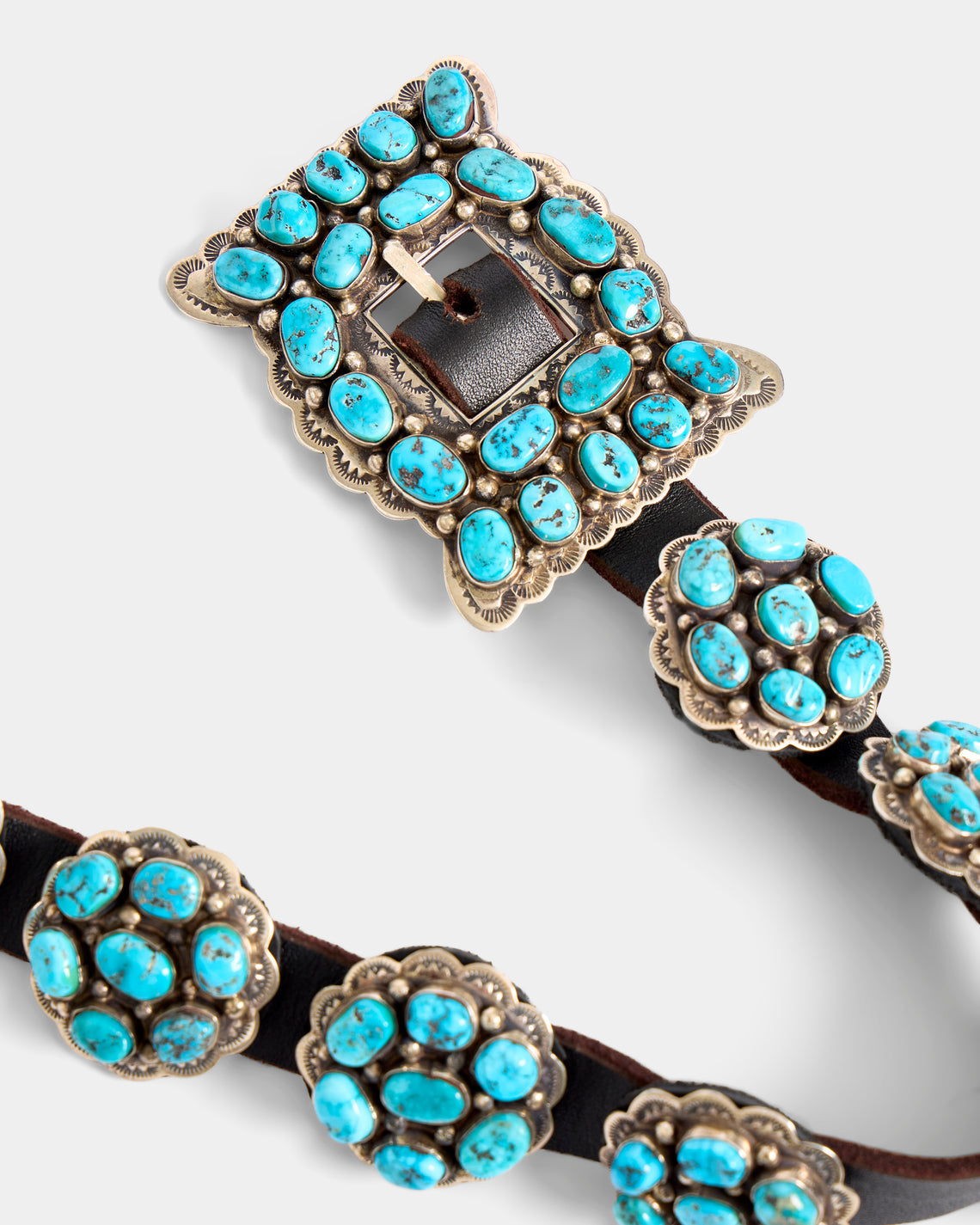 Mahnaz Collection - Women's Vintage 1990 Dan Martinez Navajo Concho Sterling Silver, Turquoise and Leather Belt - Brown - ABASK