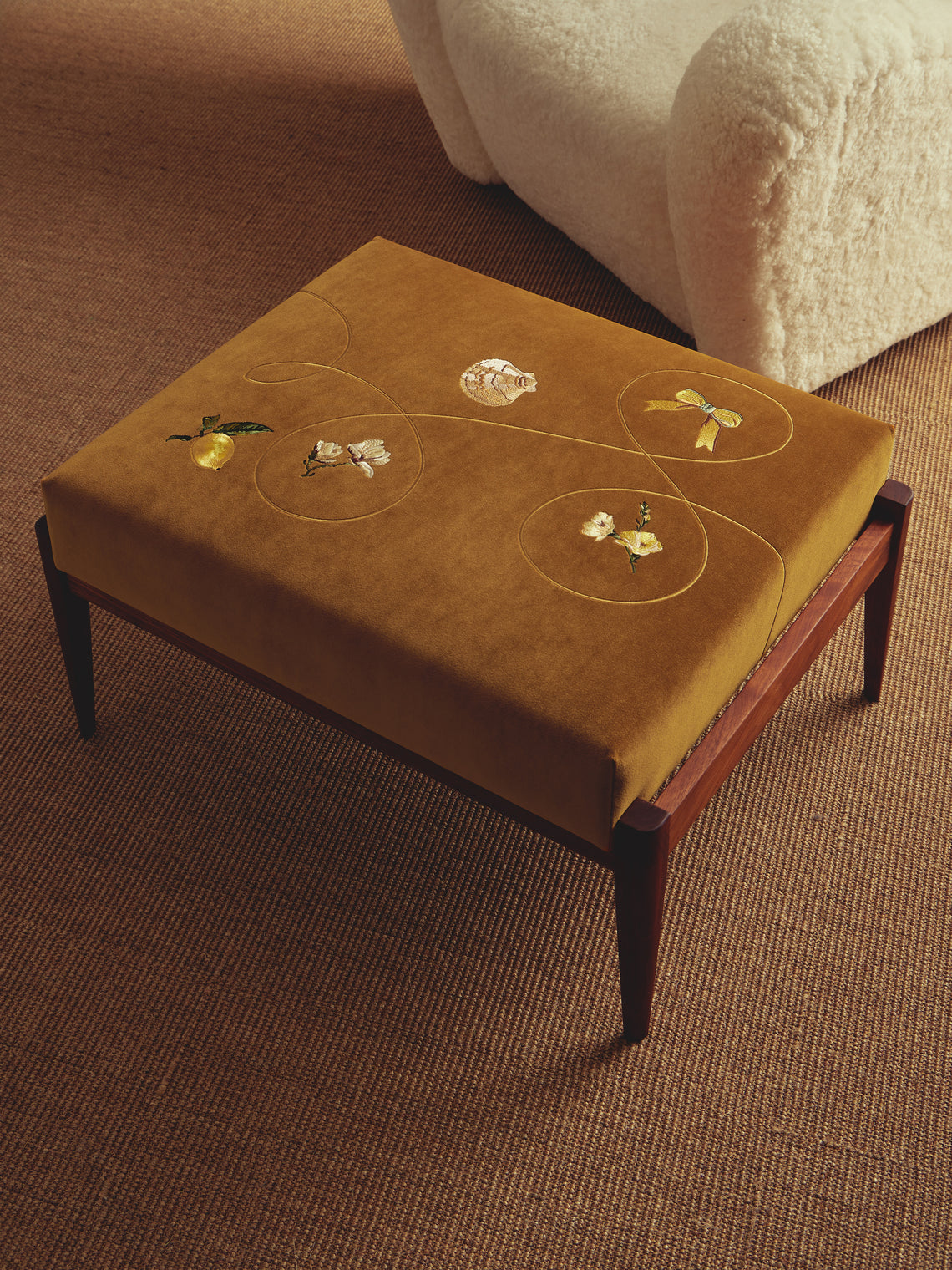 Uncommon Ancestor - Golden Girl Embroidered Velvet Rectangular Footstool - Orange - ABASK
