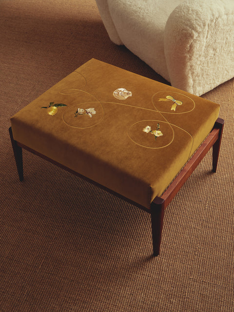 Uncommon Ancestor - Golden Girl Embroidered Velvet Rectangular Footstool - Orange - ABASK