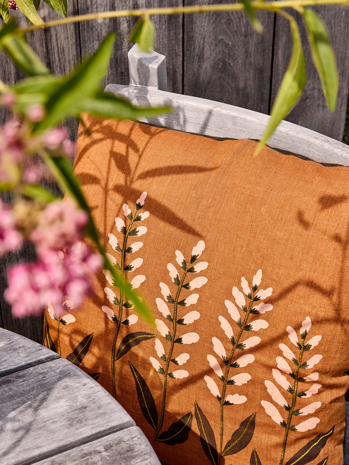 Rosemary Milner - Floral Hand-Embroidered Cotton Cushion (19.5in/50cm) - Orange - ABASK