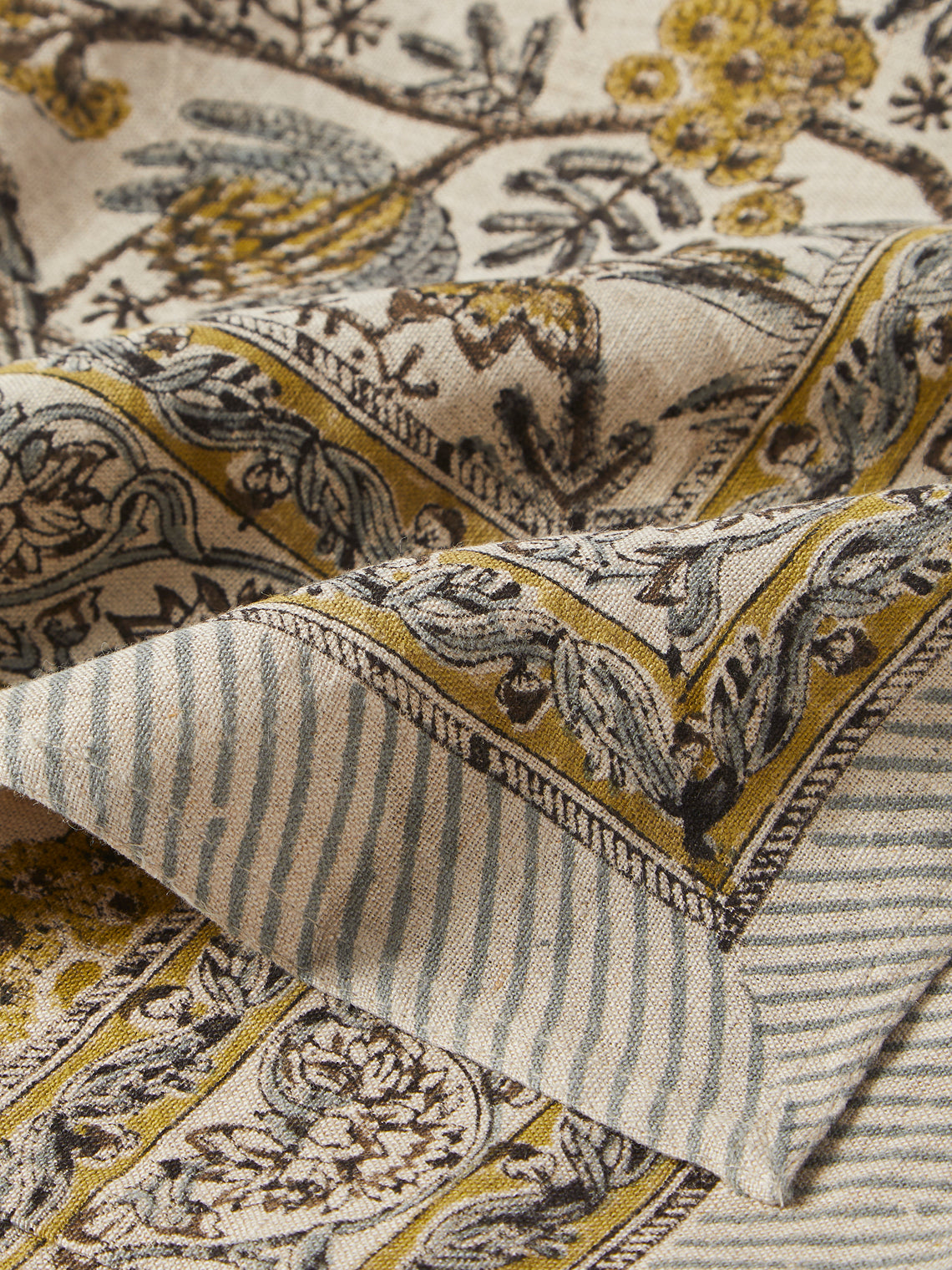 Chamois - Parrot Block-Printed Linen Round Tablecloth (86.5in/2.2m) - Natural - ABASK