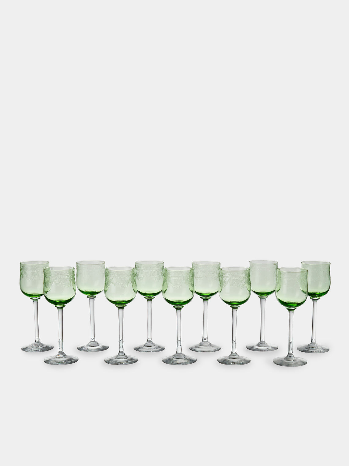 Antique and Vintage - 1900s Crystal Hock Wine Glasses (Set of 11) - Green - ABASK