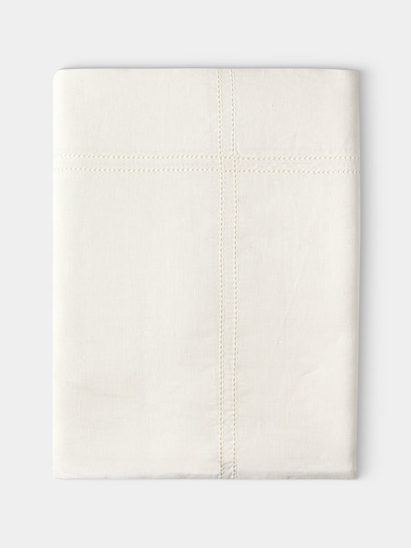 Volga Linen - Double Hem-Stitch Linen Check Rectangular Tablecloth (177in/4.5m) - Ivory - ABASK - 