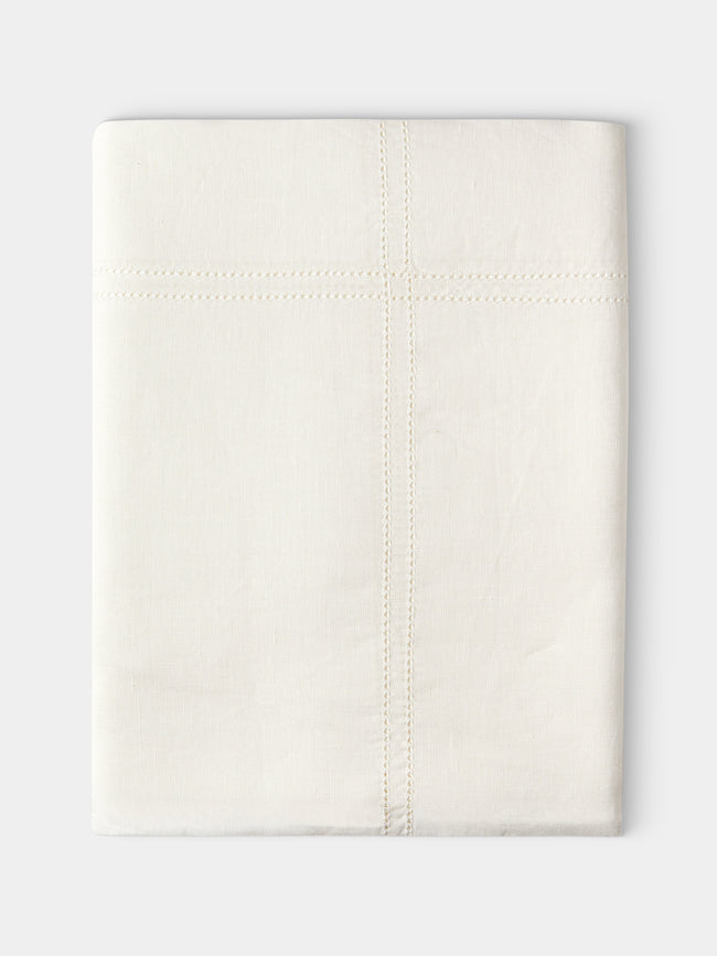 Volga Linen - Double Hem-Stitch Linen Check Rectangular Tablecloth (177in/4.5m) - Ivory - ABASK - 
