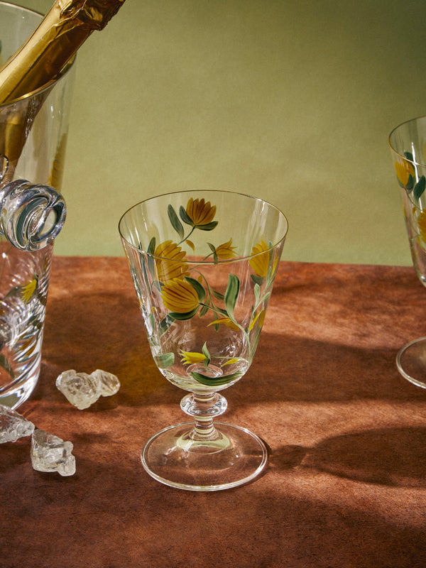 Los Vasos de Agua Clara - Jaipur Hand-Painted Crystal Stemmed Glasses (Set of 6) - Yellow - ABASK