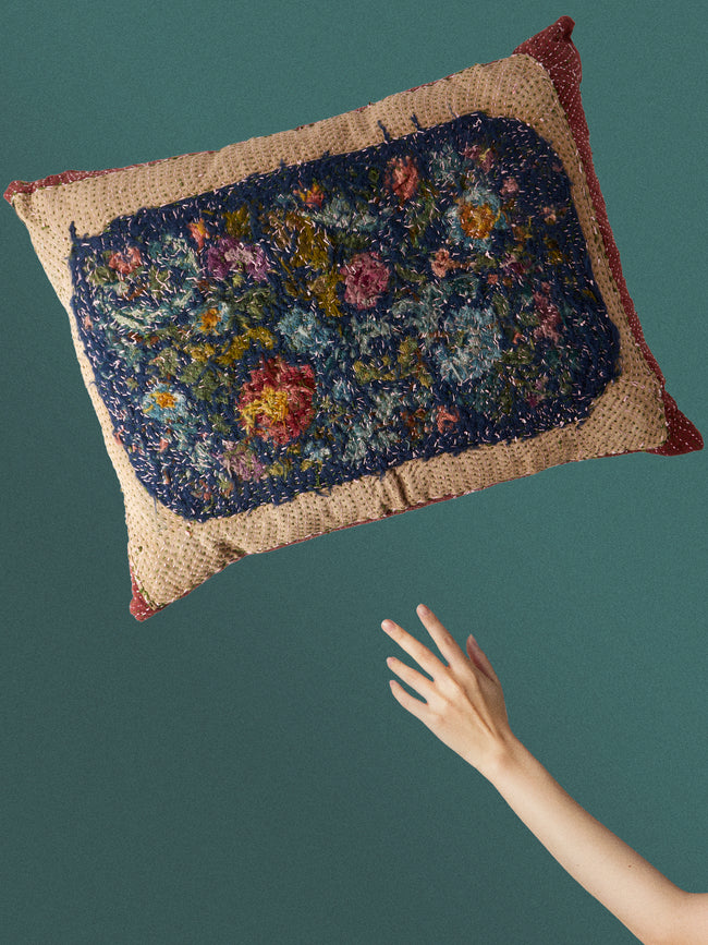 By Walid - 1930s Needlepoint Wool, Linen and Damask Cushion (27.5in/70cm) - Multiple - ABASK
