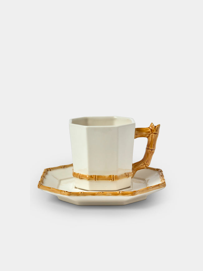 Verdolini - Bamboo Hand-Painted Ceramic Teacup and Saucer - White - ABASK - 