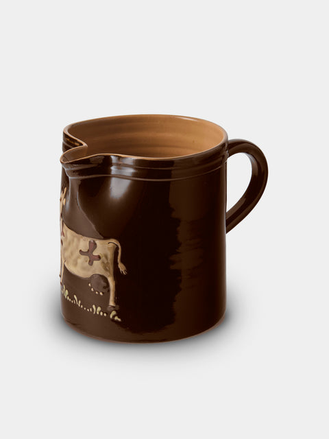 Poterie d’Évires - Cows Hand-Painted Ceramic Straight-Edge Medium Jug - Dark Brown - ABASK - 