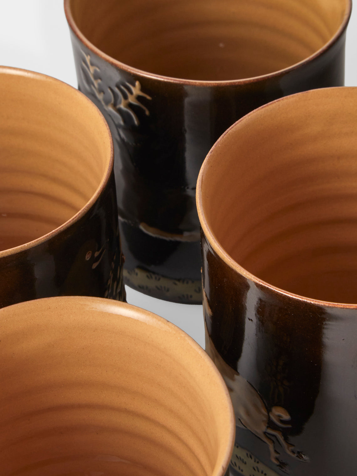 Poterie d’Évires - Animals Hand-Painted Ceramic Mugs (Set of 4) - Dark Brown - ABASK