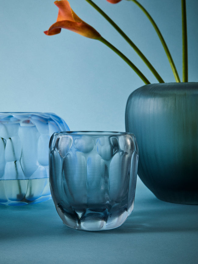 Micheluzzi Glass - Rullo Acciaio Bamboo Hand-Blown Murano Glass Vase (4.5in/12cm) - Blue - ABASK