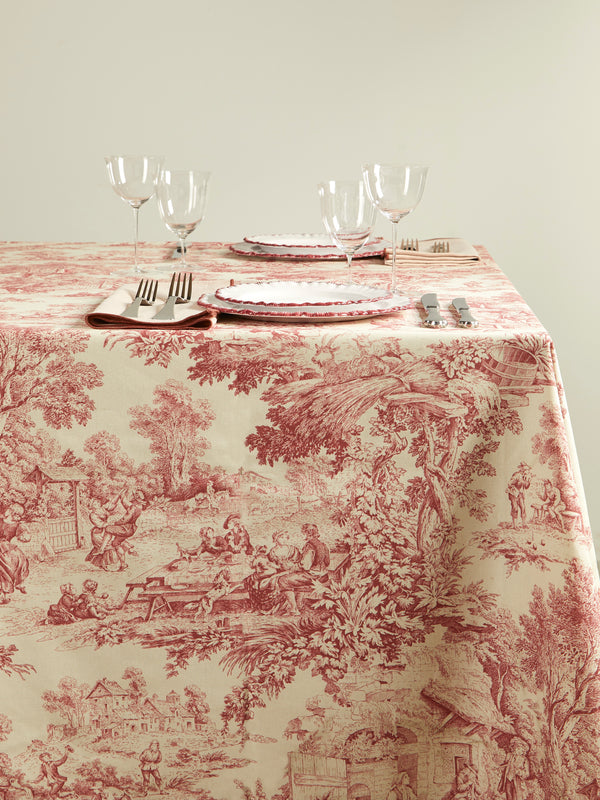 Borgo delle Tovaglie - Toile de Jouy Linen Rectangular Tablecloth - Red - ABASK