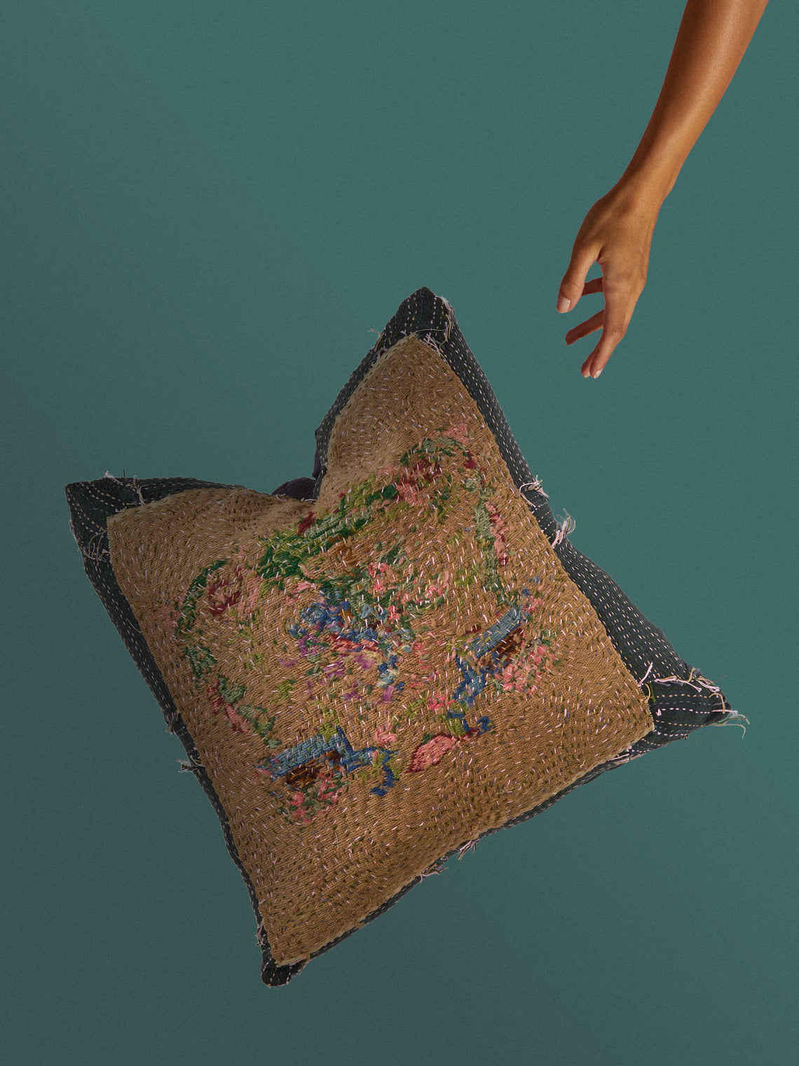 By Walid - 19th-Century Needlepoint Wool and Damask Cushion (23.5in/60cm) - Multiple - ABASK