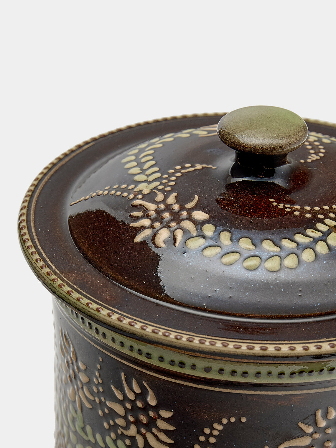 Poterie d’Évires - Flowers Hand-Painted Ceramic Medium Lidded Pot - Dark brown - ABASK
