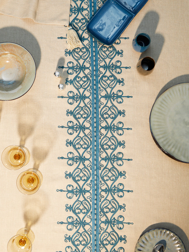 Malaika - Mamlouk Embroidered Linen Tablecloth - Blue - ABASK