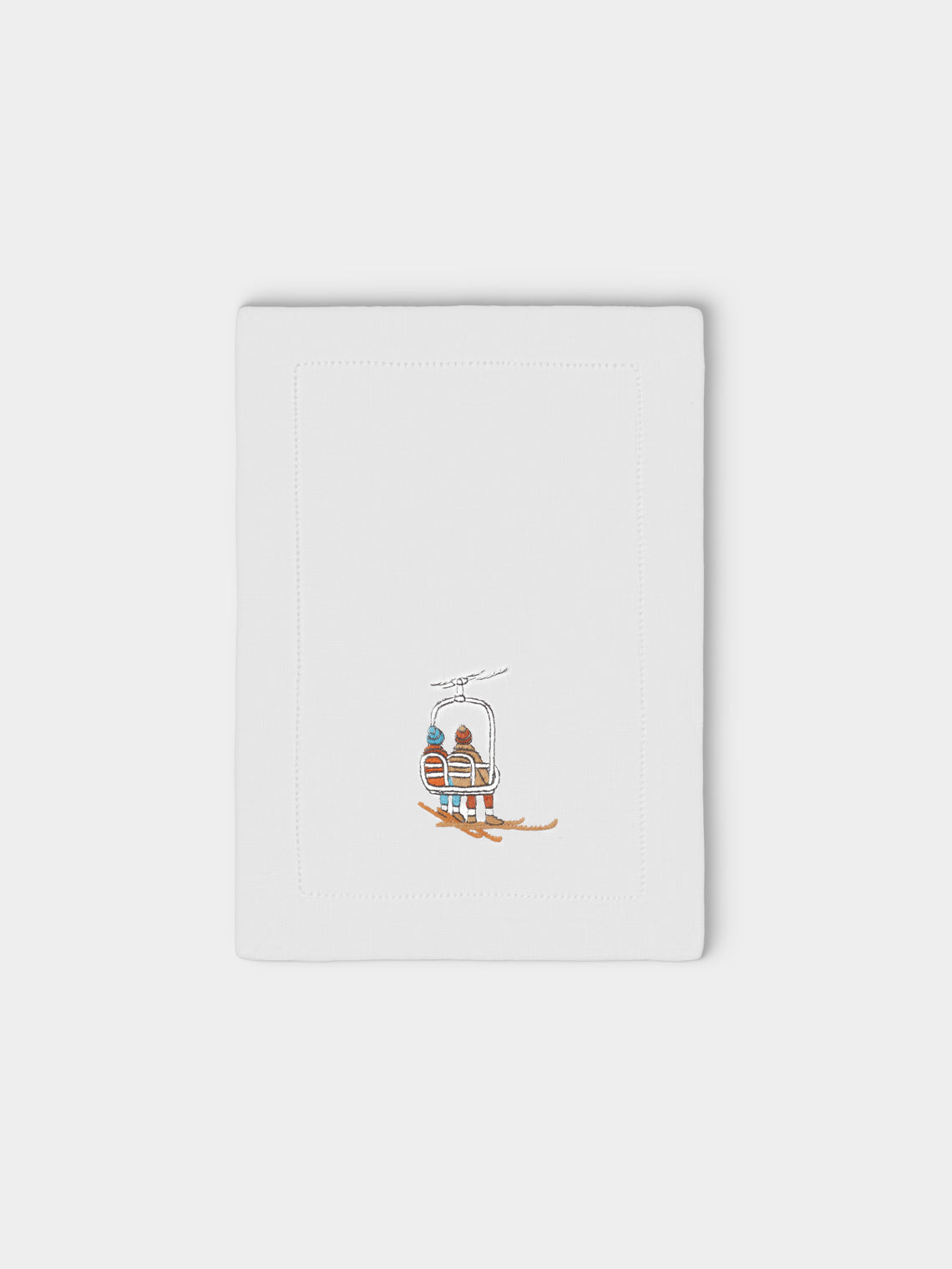 ERI Textiles - | Set of 6 | Up We Go Skiing Hand-Embroidered Linen Cocktail Napkins - White - ABASK