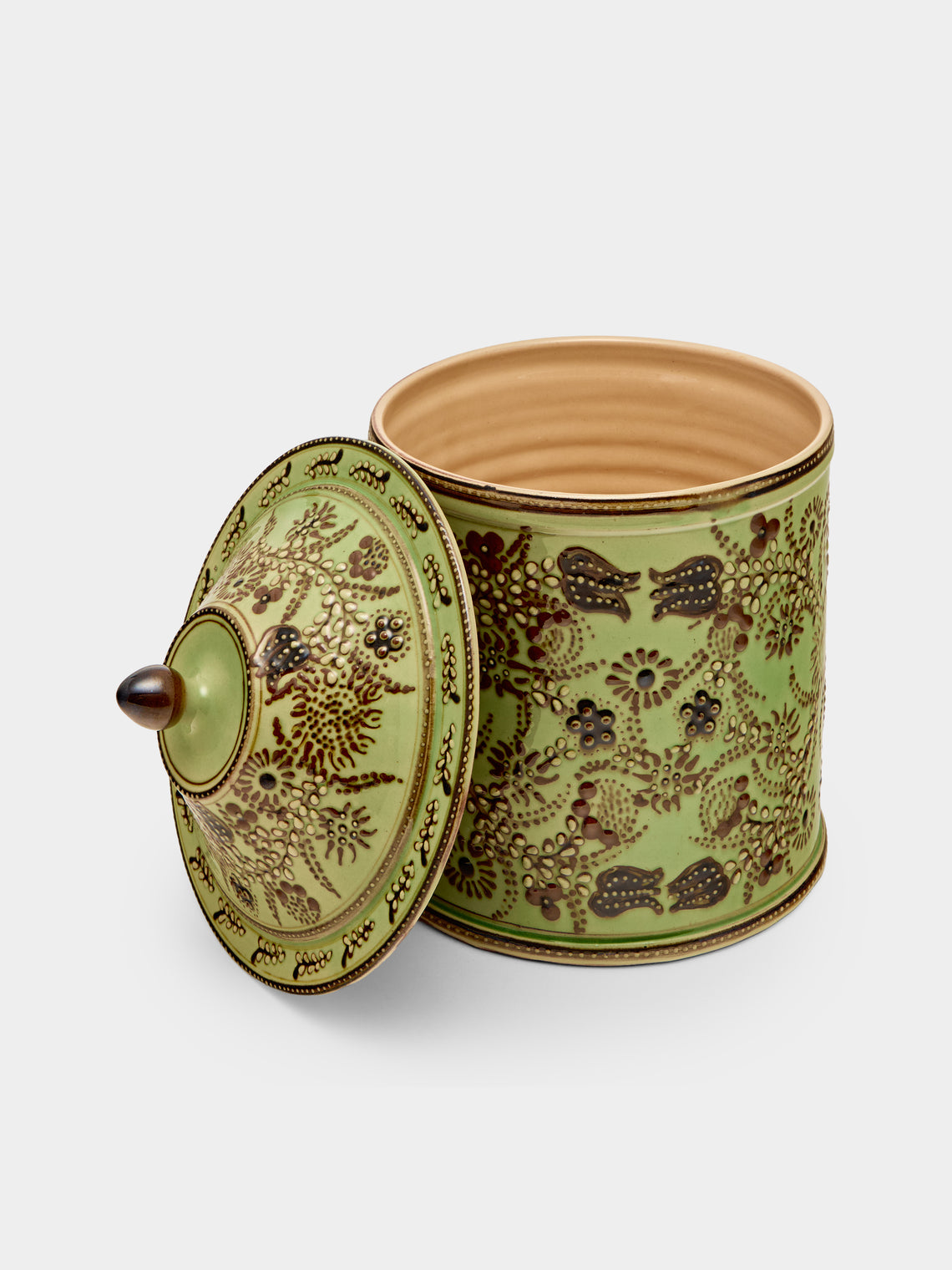 Poterie d’Évires - Flowers Hand-Painted Ceramic Medium Lidded Pot - Green - ABASK