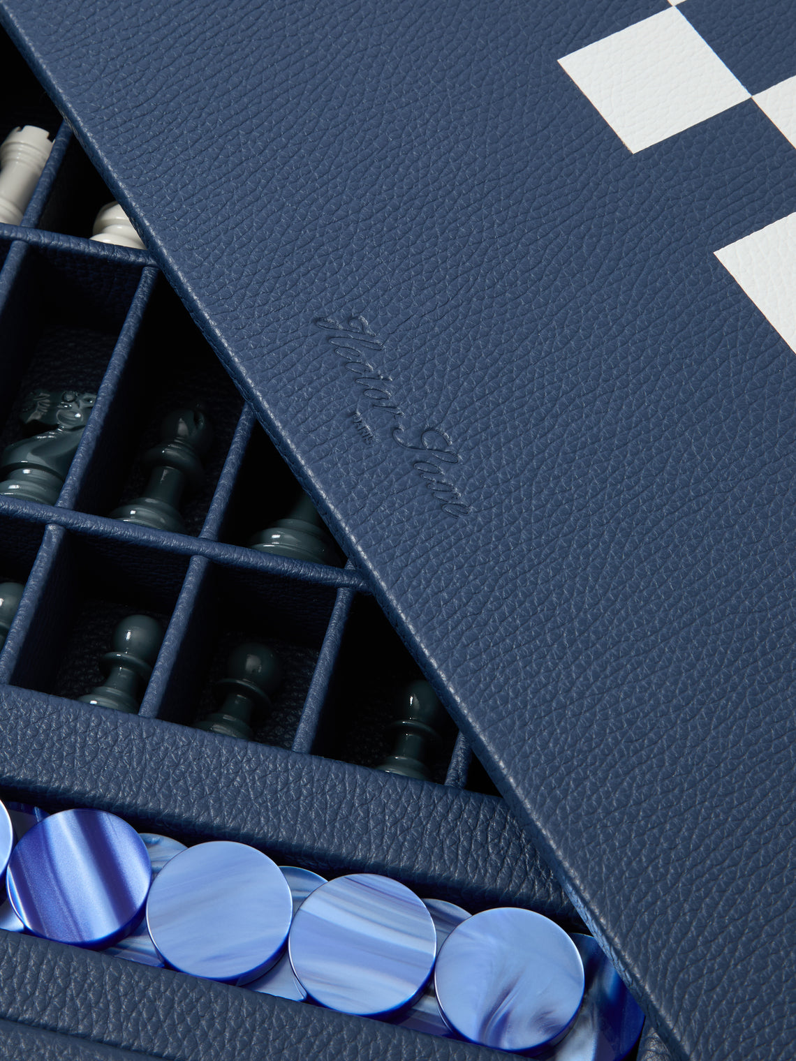 Hector Saxe - Leather Backgammon, Checkers, Chess and Dominoes Compendium - Blue - ABASK