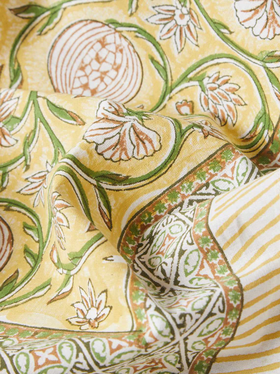 Chamois - Tangier Pomegranate Block-Printed Cotton Rectangular Tablecloth (138in/3.5m) - Yellow - ABASK
