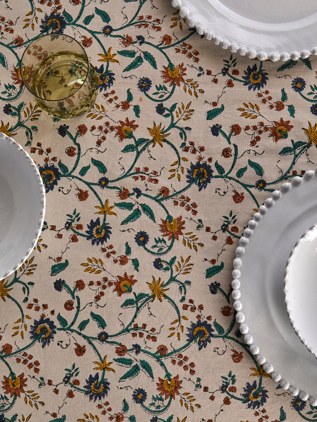 Chamois - Samode Block-Printed Cotton Round Tablecloth (86.5in/2.2m) - Yellow - ABASK