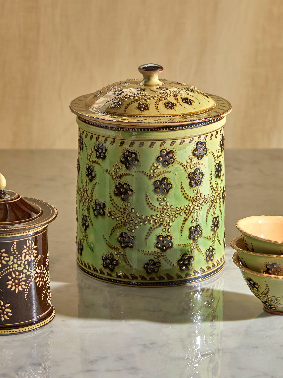 Poterie d’Évires - Flowers Hand-Painted Ceramic Large Lidded Pot - Green - ABASK